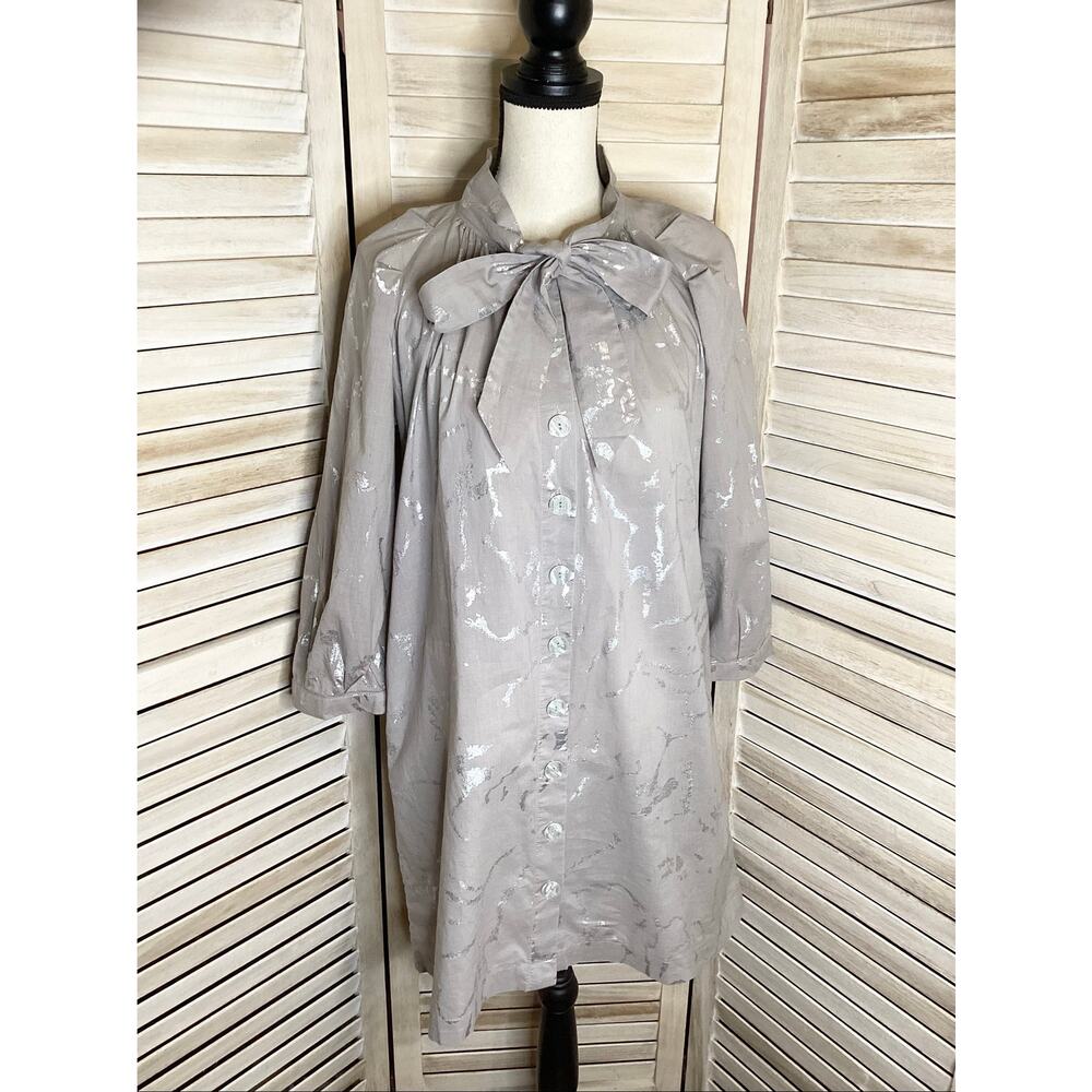 Buru Gray Cotton Silver Foil Tie Neck Button Front Mini Dress XS